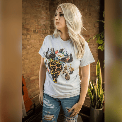 Leopard Floral Feather Bull Skull Graphic Tee