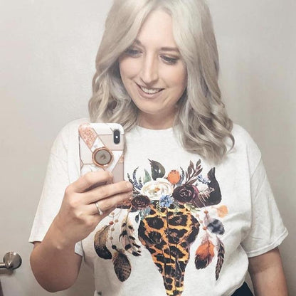 Leopard Floral Feather Bull Skull Graphic Tee