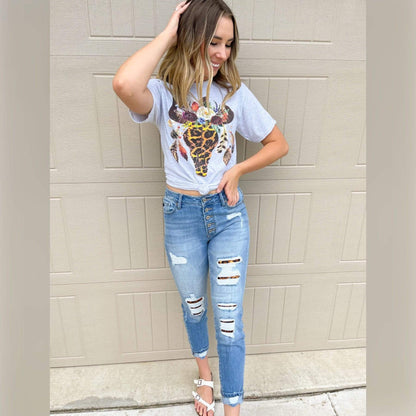 Leopard Floral Feather Bull Skull Graphic Tee