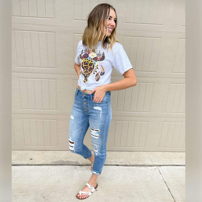 Leopard Floral Feather Bull Skull Graphic Tee