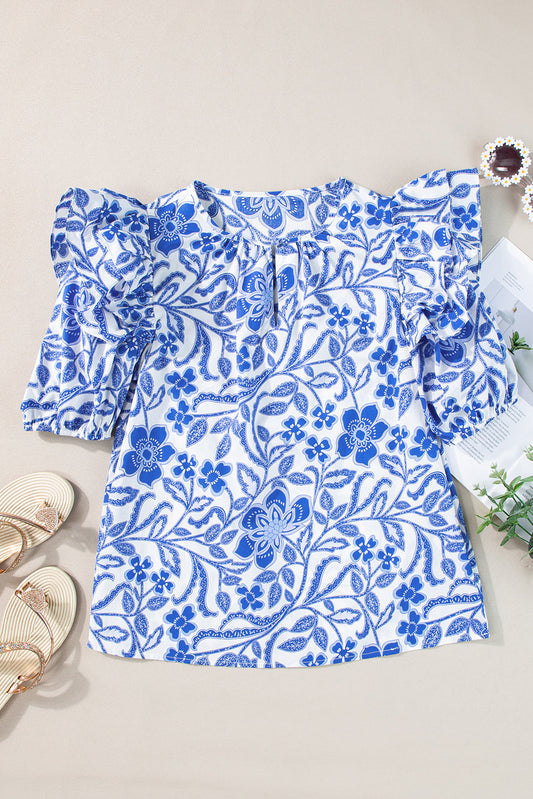 Floral Ruffle Bubble Sleeve Blouse