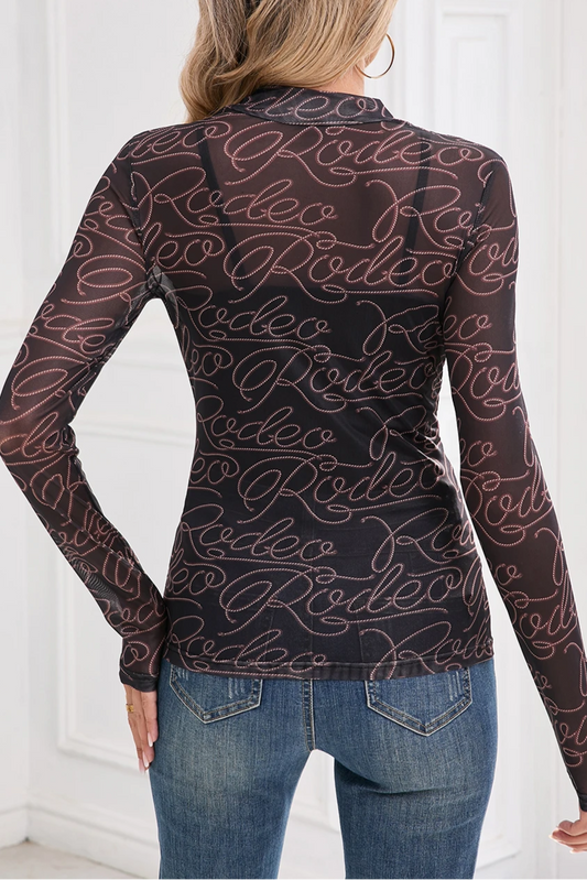 Western Rodeo Mesh Mock Neck Top