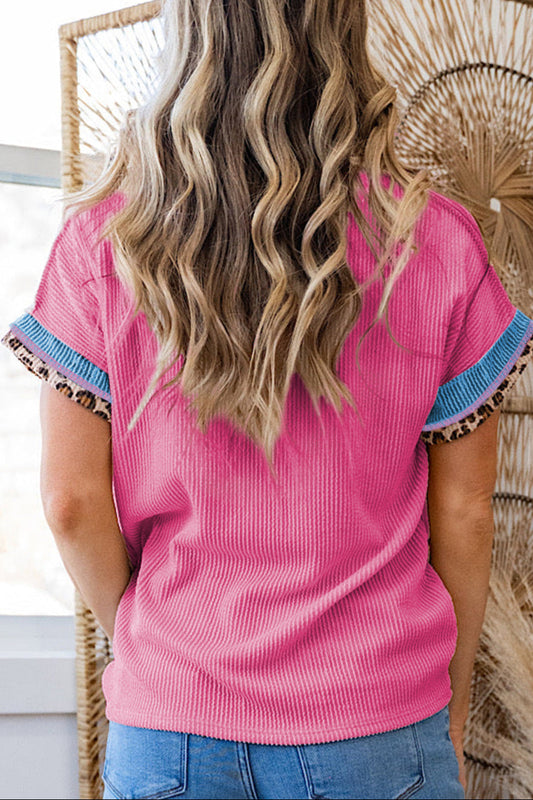 Leopard Patchwork Corded Knit T-Shirt