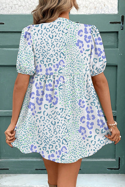 Leopard Contrast Bow Puff Sleeve Dress