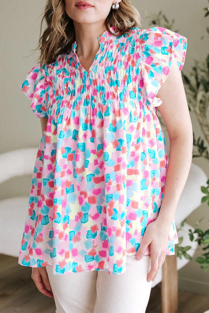 Abstract Shirred Ruffle Sleeve Blouse