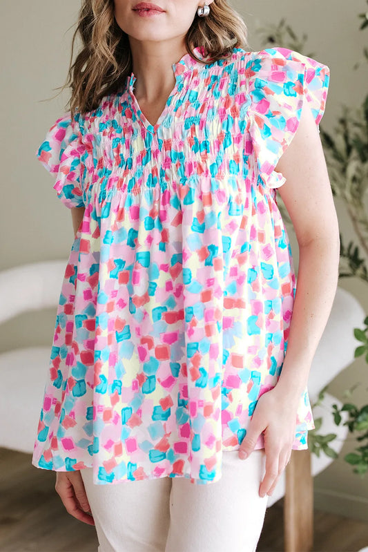 Abstract Shirred Ruffle Sleeve Blouse