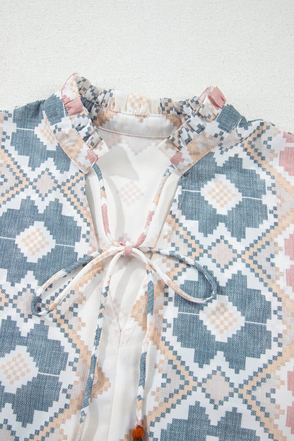 Geometric Tassel Tie V-Neck Blouse