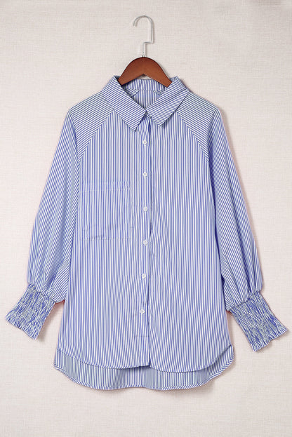 Stripe Smocked Cuff Buttoned Shirt