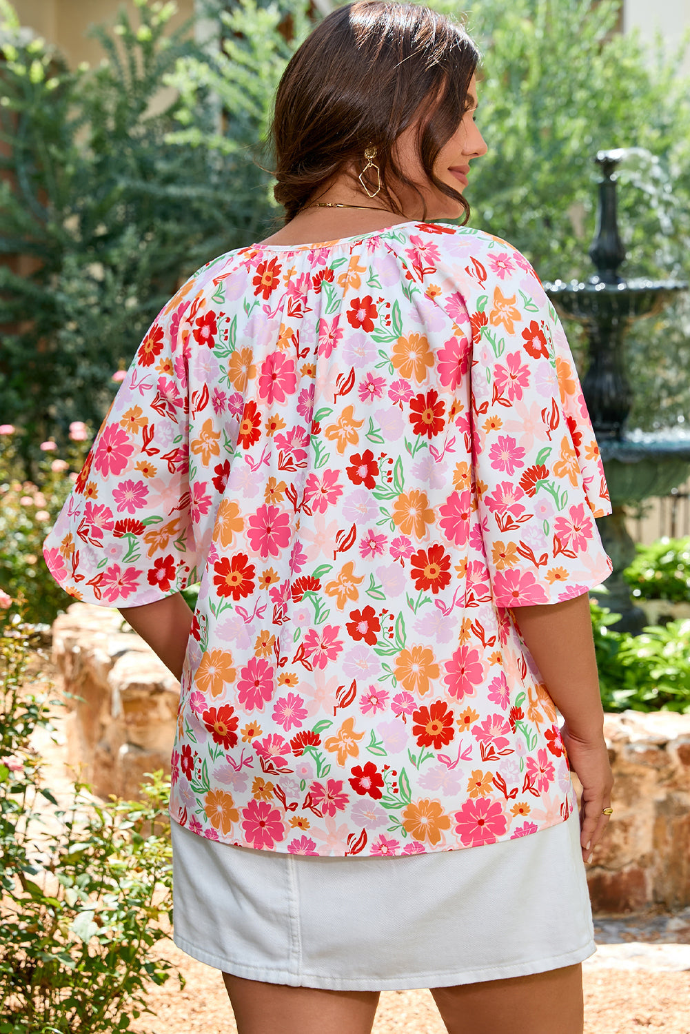 Plus Size Floral Wide Short Sleeve Blouse