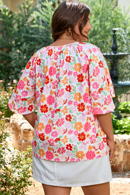 Plus Size Floral Wide Short Sleeve Blouse