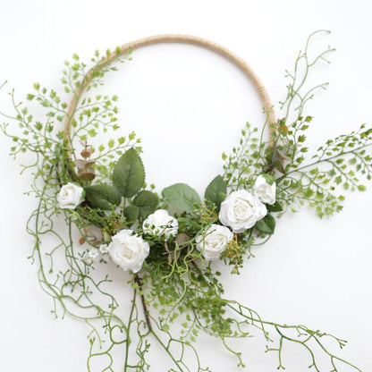 Floral Hoop Artificial White Rose with Greenery Ferns 9" D