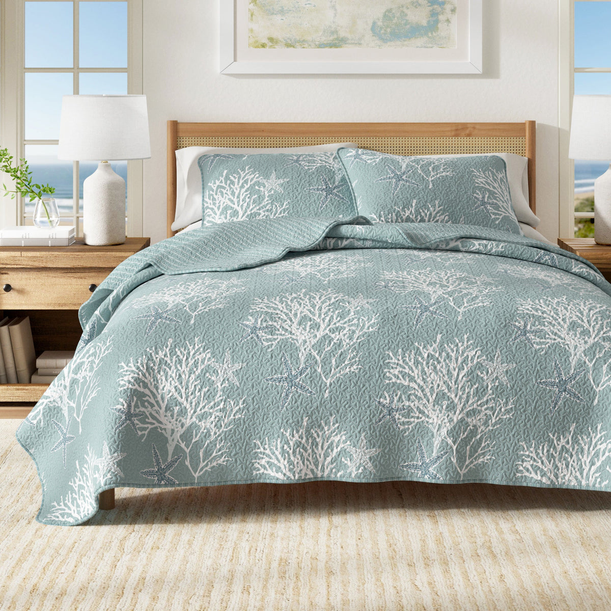 Reversible Coral Coastal Quilt Set
