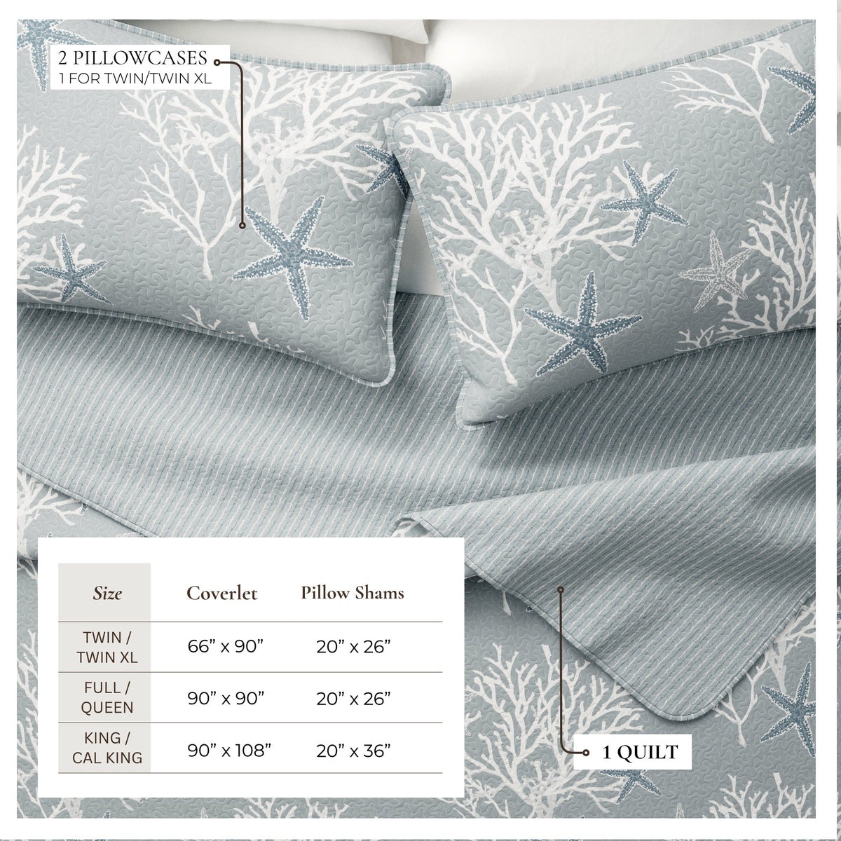 Reversible Coral Coastal Quilt Set