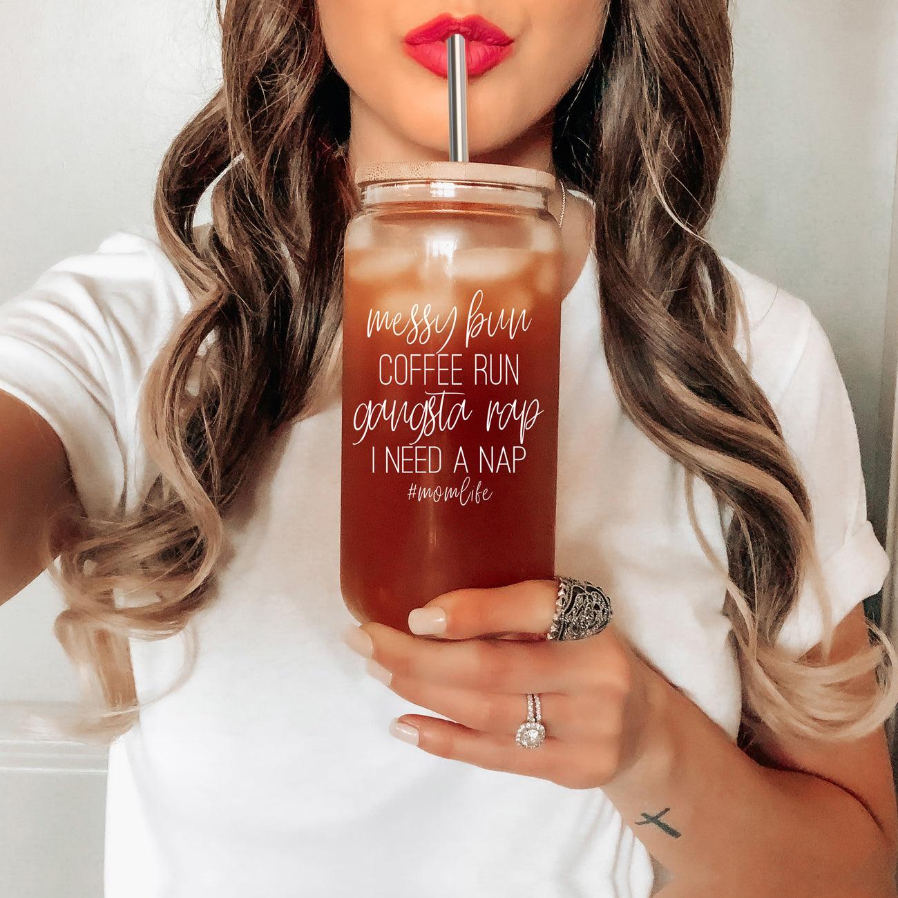 Mom Mugs Funny, Messy Bun Coffee Run Glass Coffee Cups with Metal straws