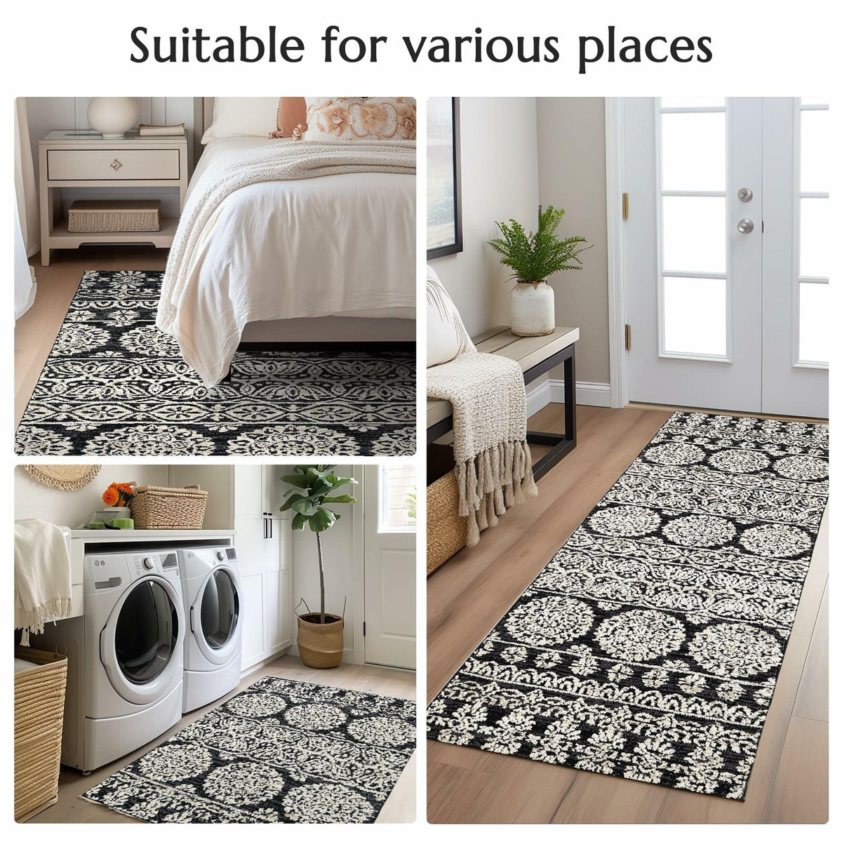 jinchan Boho Area Rug 4x6 Machine Loomed Vintage Floral Black White