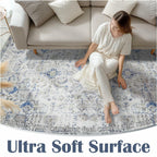 jinchan 5x7 Blue Washable Vintage Floral Area Rug Non-Slip Boho Carpet