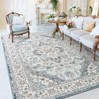 FlyDOIT Vintage 5x8 Blue Floral Medallion Washable Area Rug