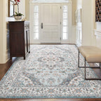 FlyDOIT Vintage 5x8 Blue Floral Medallion Washable Area Rug
