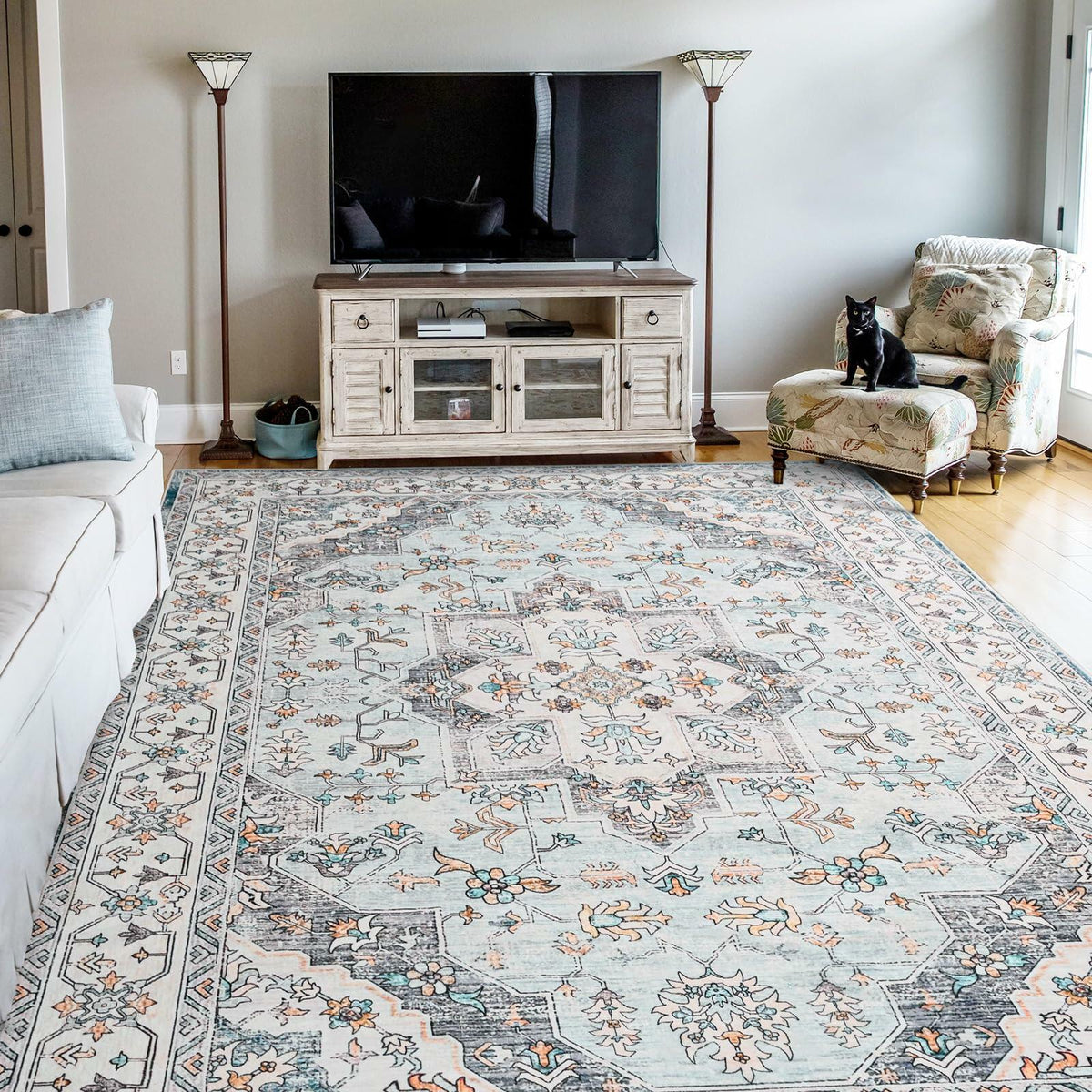 FlyDOIT Vintage 5x8 Blue Floral Medallion Washable Area Rug