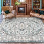 FlyDOIT Vintage 5x8 Blue Floral Medallion Washable Area Rug