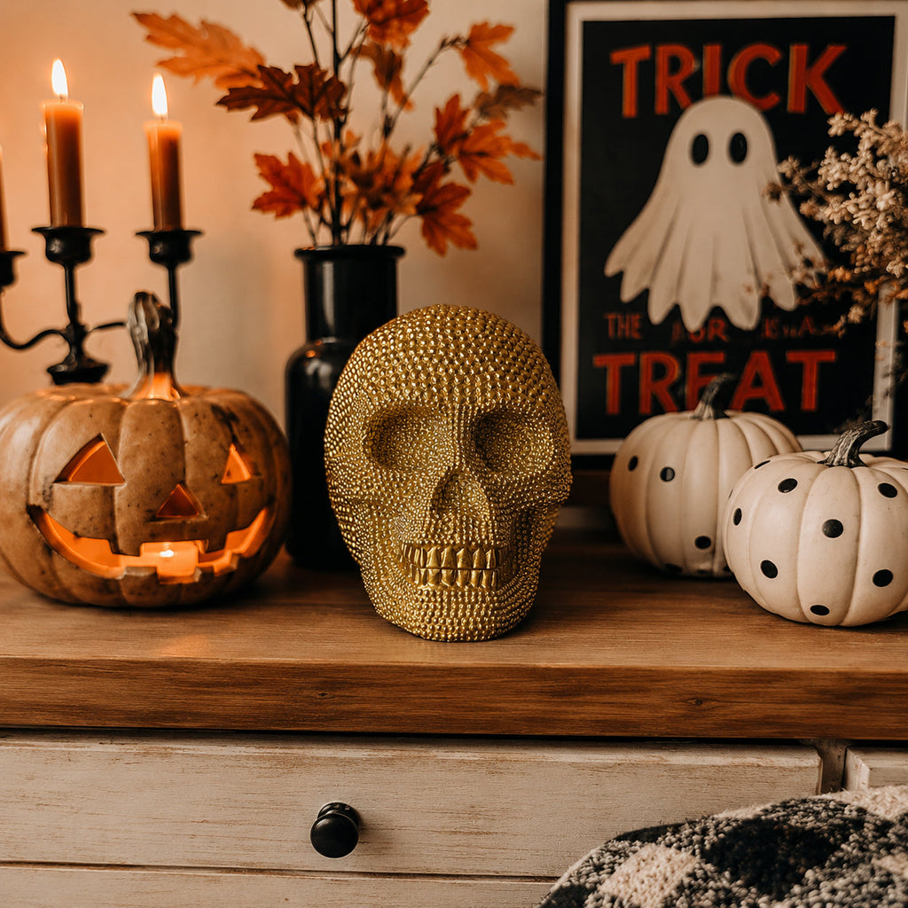Skull Halloween Figurine in Silver or Gold