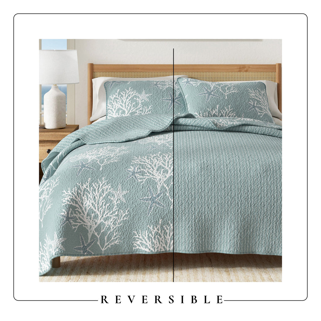 Reversible Coral Coastal Quilt Set